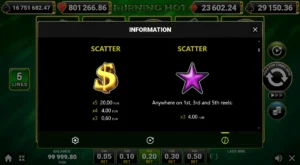 Burning Hot information screen showing Scatter symbols, their payout rules, and reel positions, illustrating how scatter symbols are explained within the in-game paytable menu.