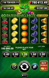 Burning Hot slot mobile interface showing a classic five-reel layout, fruit symbols, bet selection buttons, and touch-friendly controls on a compact screen