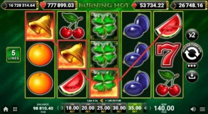 Burning Hot demo slot screen showing five reels with fruit symbols and a highlighted winning payline formed with a wild symbol.