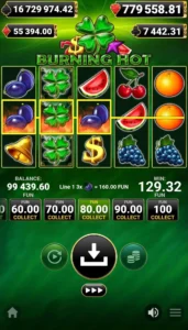 Burning Hot demo slot interface on a mobile screen with five reels, fruit symbols, fixed paylines, and touch controls.
