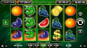 Burning Hot classic slot gameplay screen showing a five-reel layout with fruit symbols, fixed paylines highlighted, and a simple control panel for betting and spinning